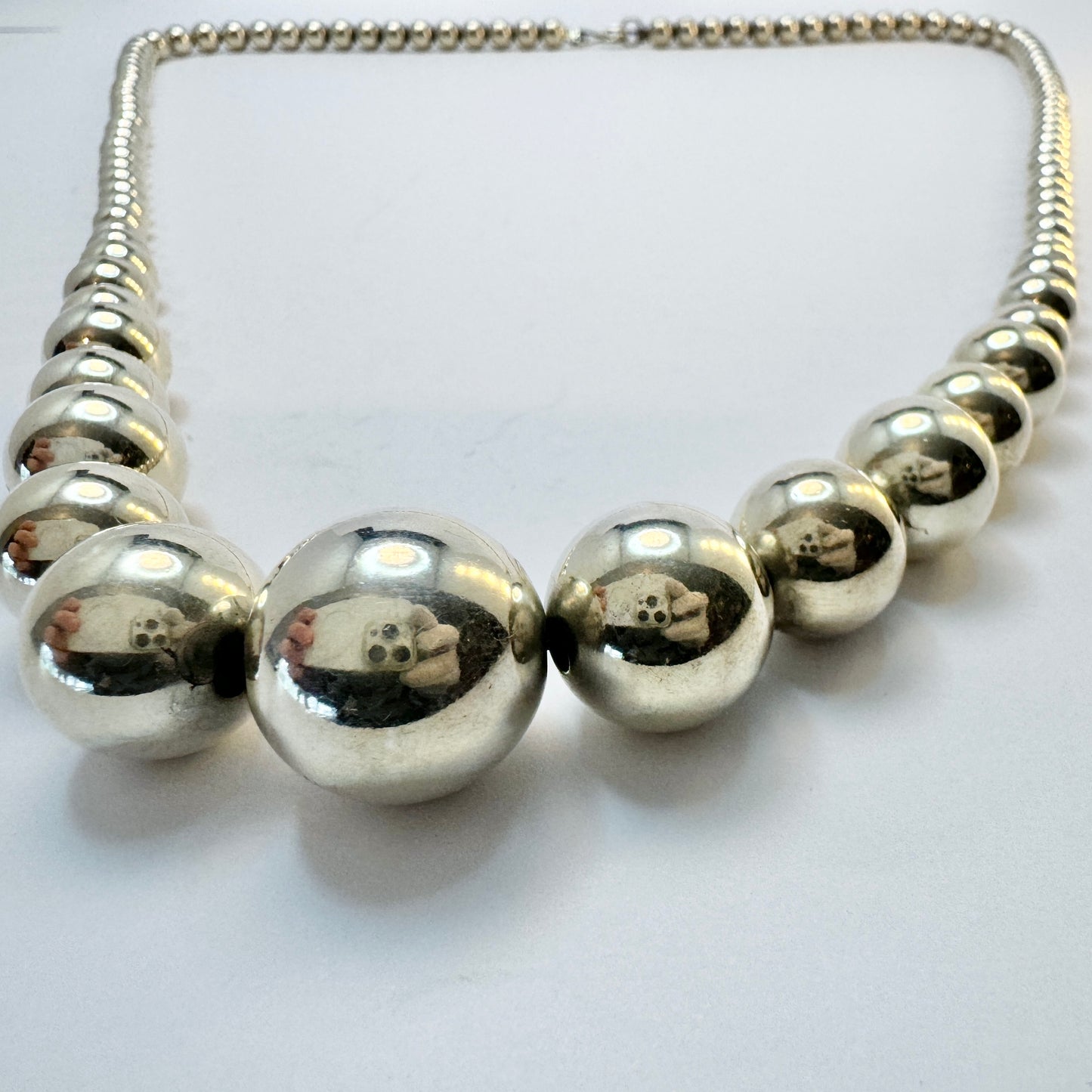 Vintage Sterling Silver Graduated Beads Long Necklace.