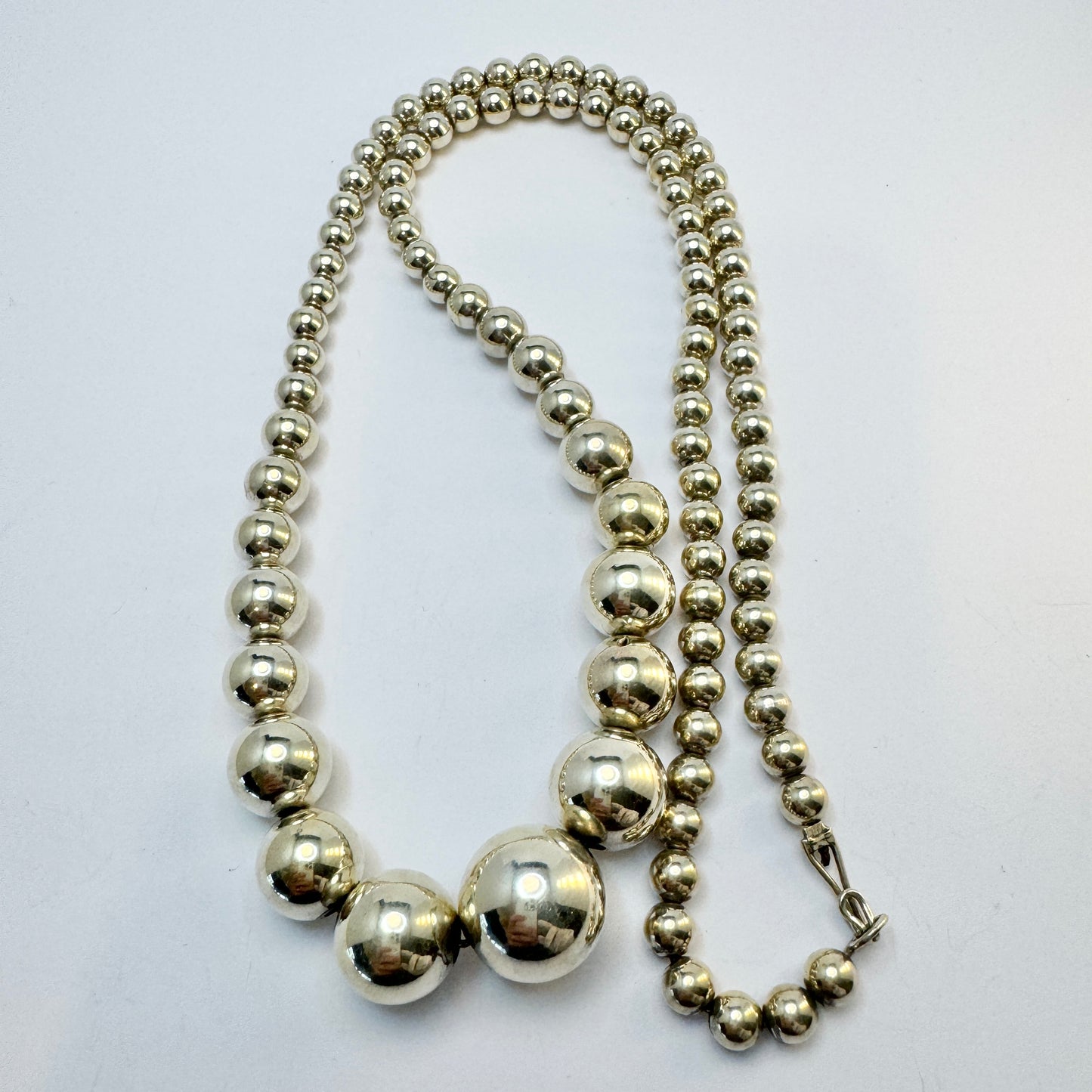 Vintage Sterling Silver Graduated Beads Long Necklace.