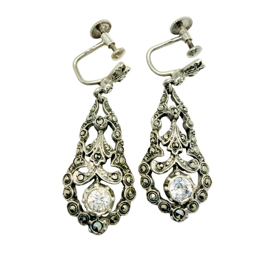 VIntage 1940s. Solid Silver Marcasite Paste Stone Earrings.