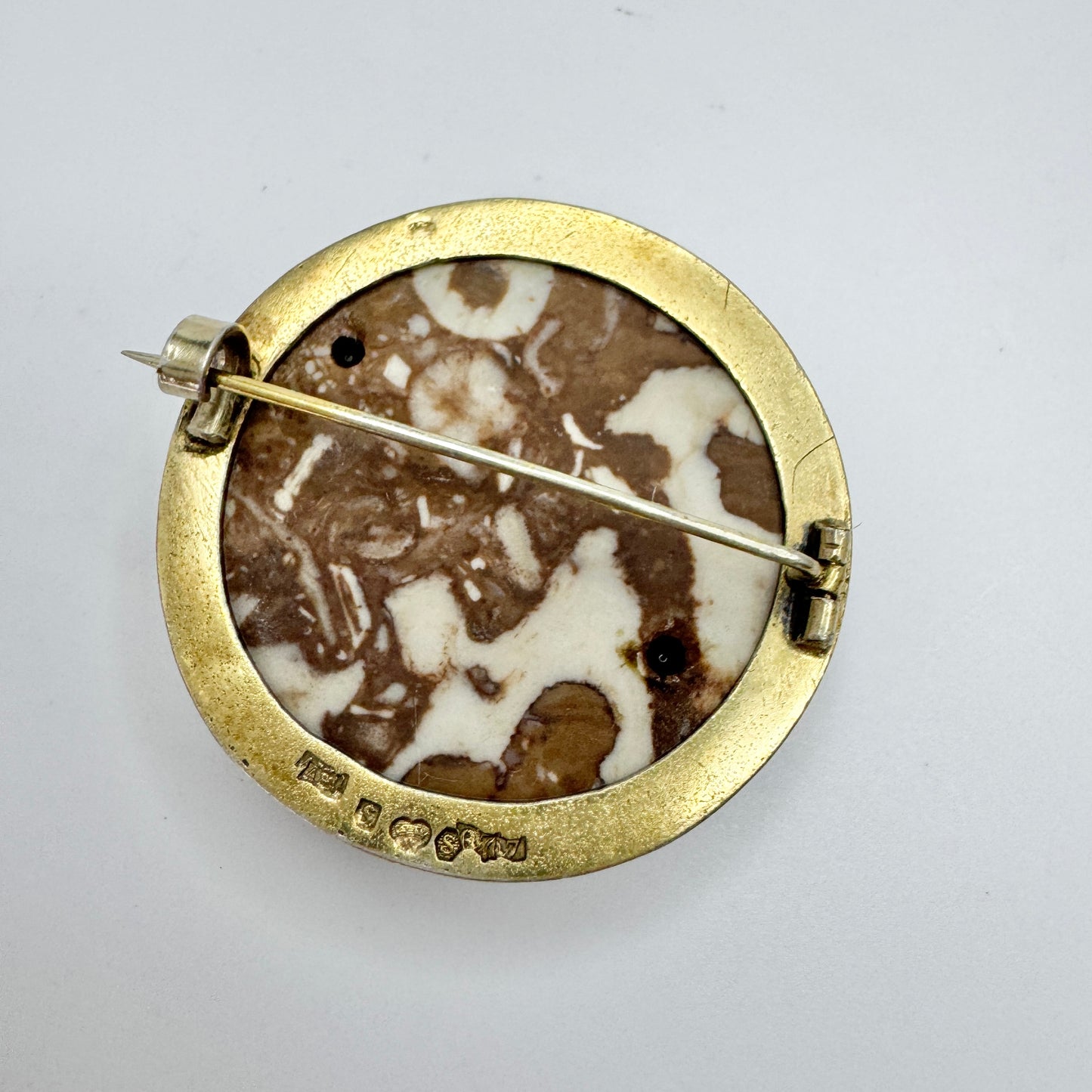 Sweden year 1918. Antique Silver Limestone Marble Brooch.