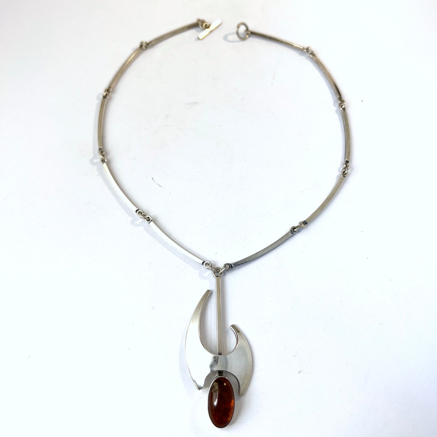 Niels Erik From, Denmark c 1960s. Vintage Sterling Silver Amber Pendant Necklace.