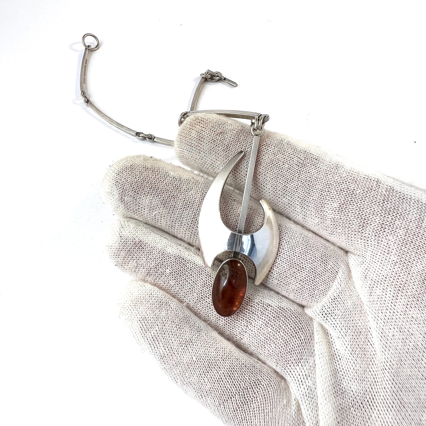 Niels Erik From, Denmark c 1960s. Vintage Sterling Silver Amber Pendant Necklace.