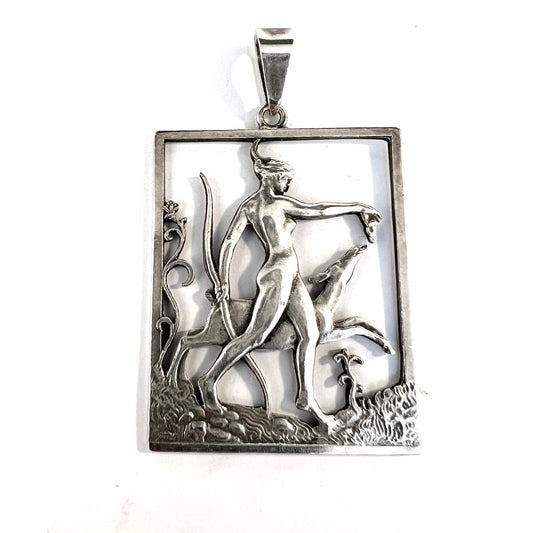 Tore Strindberg for Sporrong, Sweden 1946 Solid Silver Goddess Diana Pendant. Signed