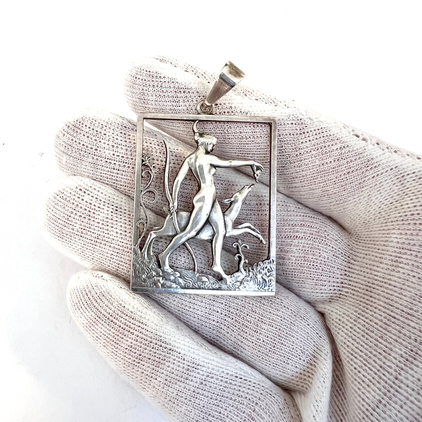 Tore Strindberg for Sporrong, Sweden 1946 Solid Silver Goddess Diana Pendant. Signed