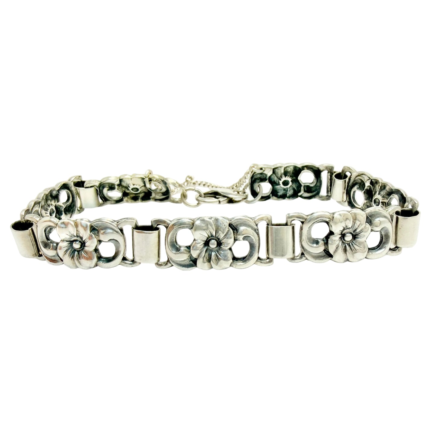 Sweden / Denmark ca 1950. Solid Silver Flower Bracelet. Later Replacement Clasp