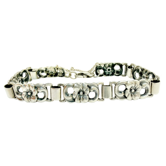 Sweden / Denmark ca 1950. Solid Silver Flower Bracelet. Later Replacement Clasp