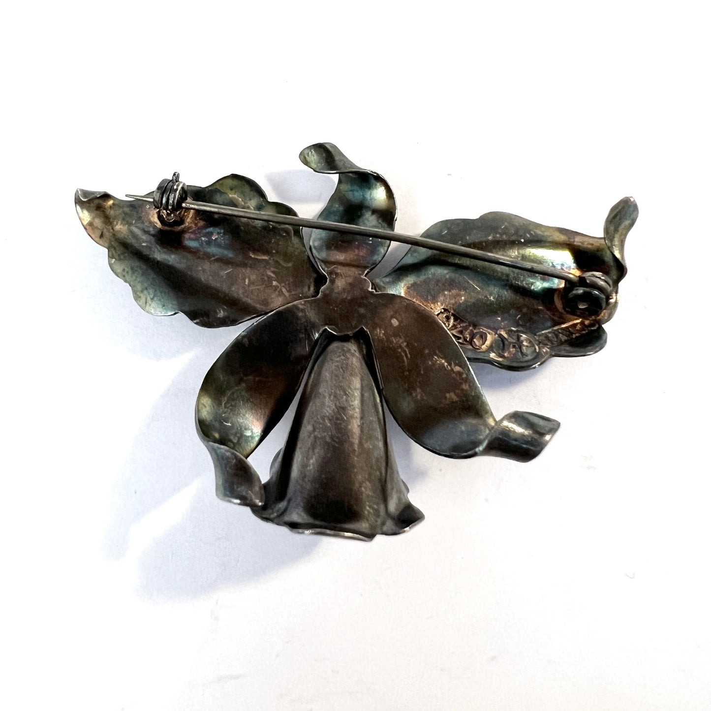 Hector Aguilar, Taxco Mexico 1940s Sterling 940 Silver Orchid Brooch.