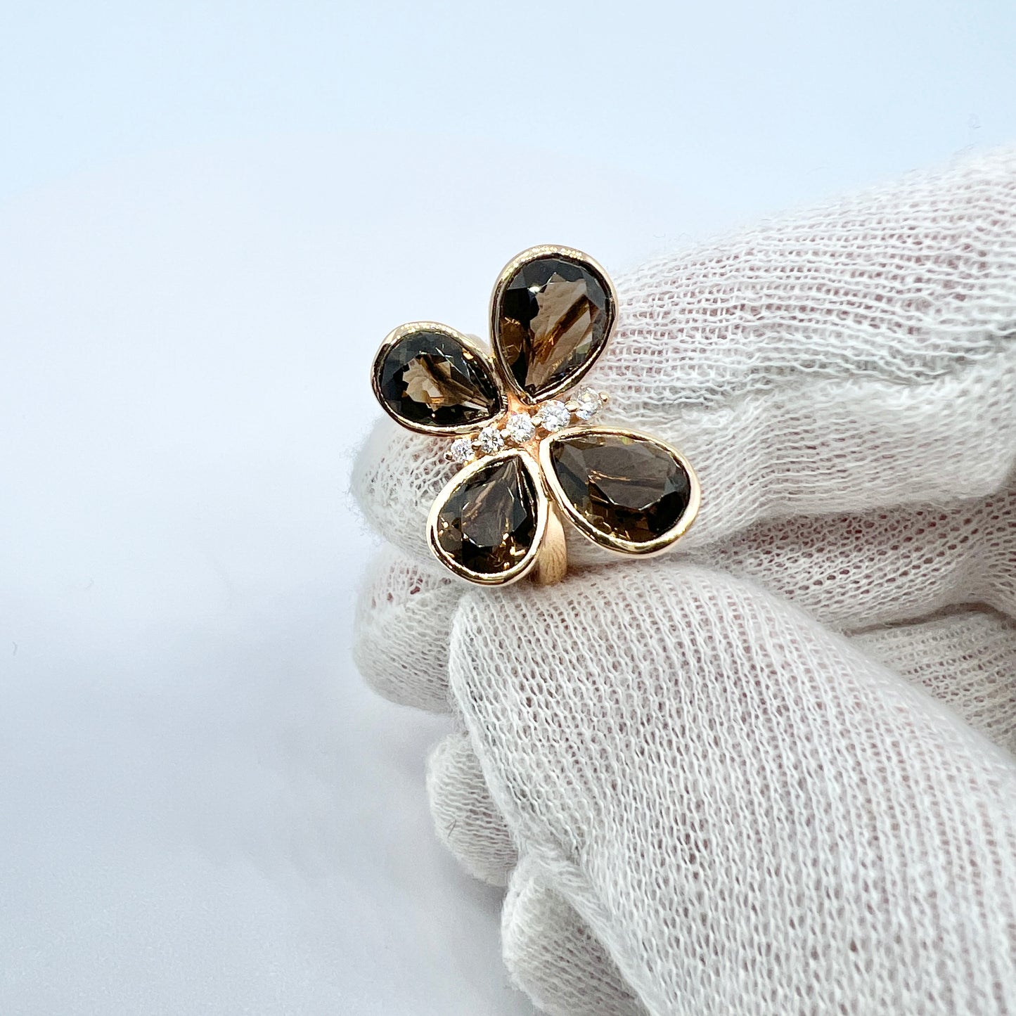 Vintage 18k Gold Diamond Smoky Quartz Butterfly Ring.