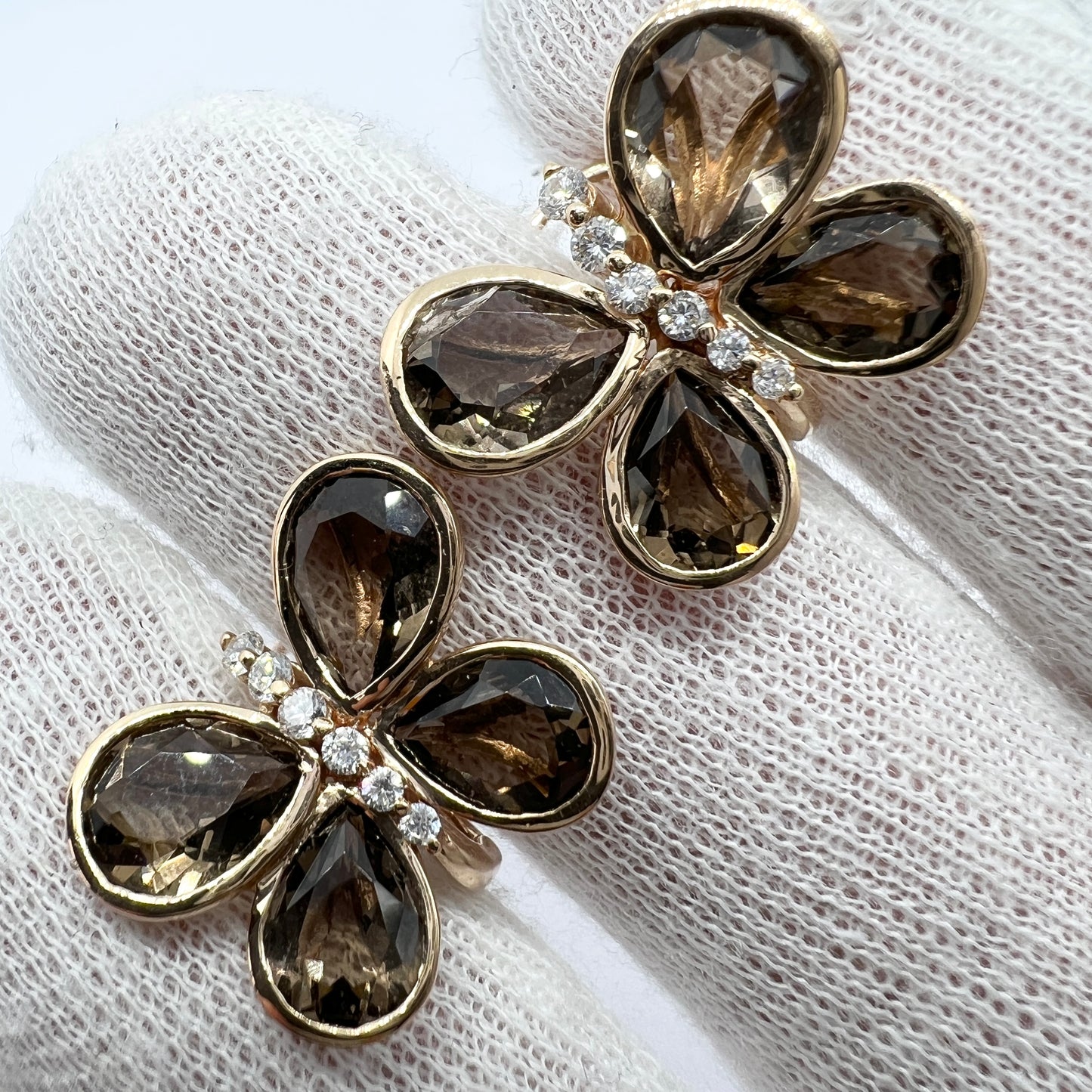 Vintage 18k Gold Diamond Smoky Quartz Butterfly Earrings.