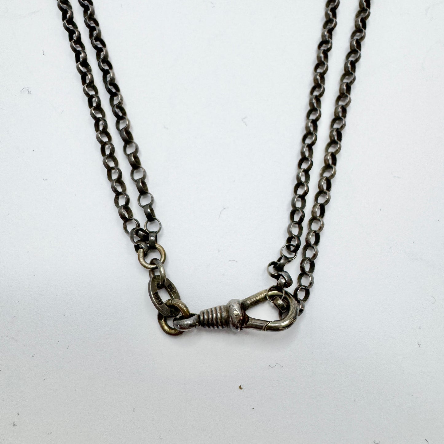 Antique Solid Silver Watch Chain w Slider and Dog Clip in Necklace Length.