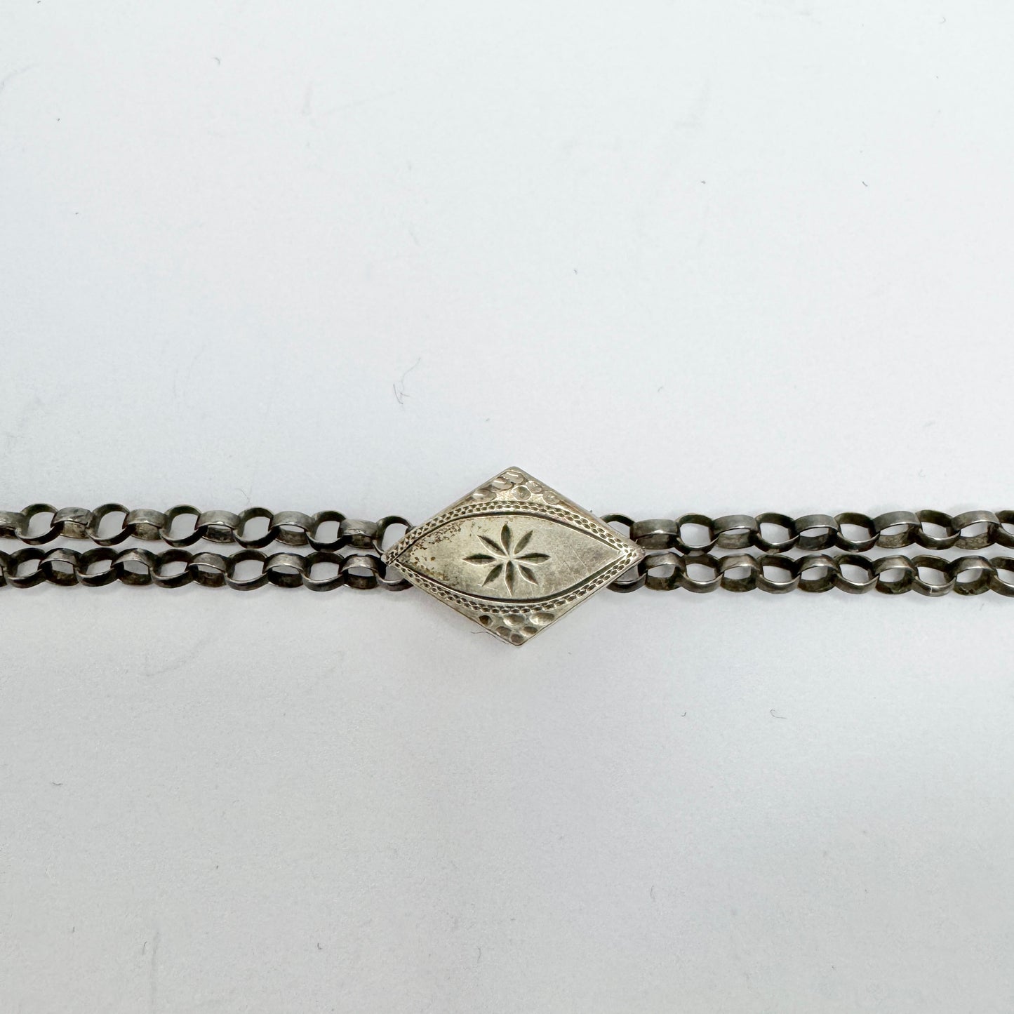 Antique Solid Silver Watch Chain w Slider and Dog Clip in Necklace Length.