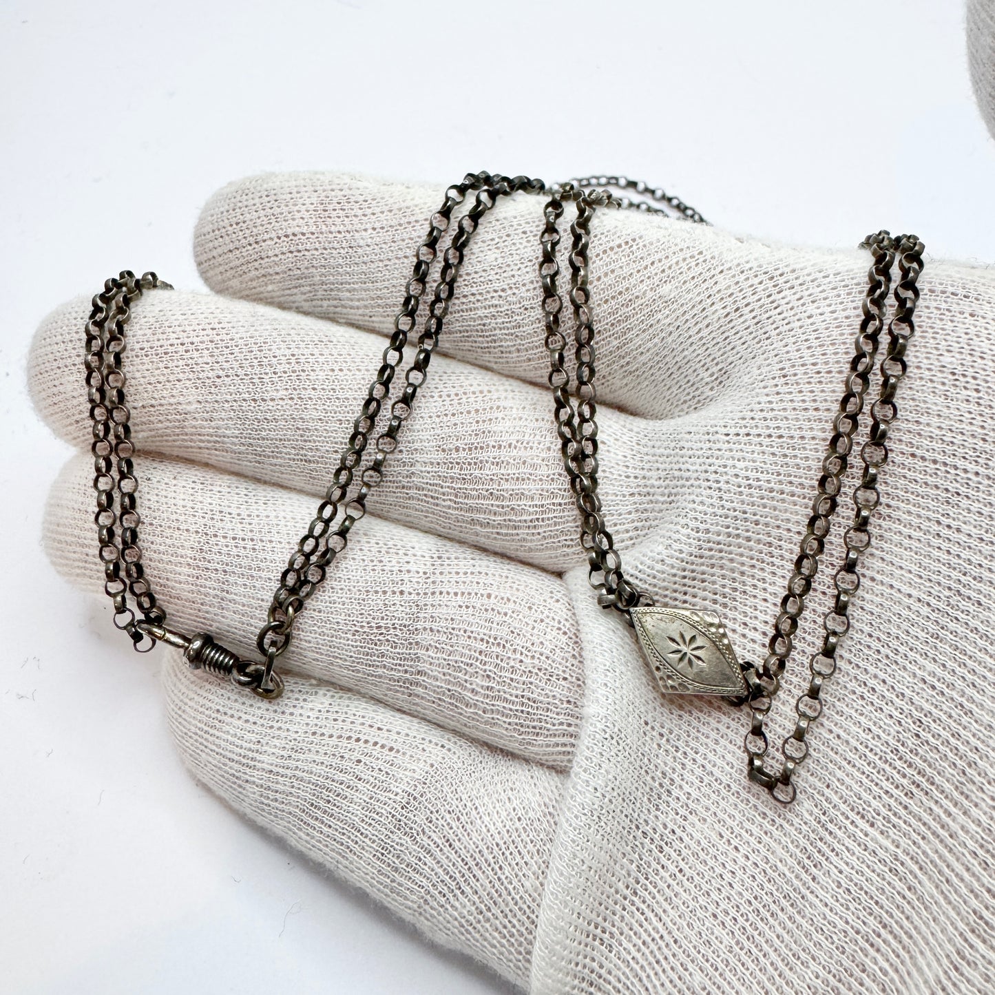 Antique Solid Silver Watch Chain w Slider and Dog Clip in Necklace Length.