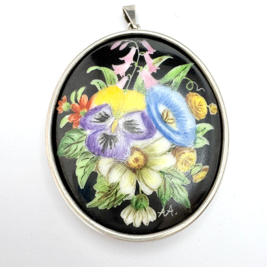 CG Hallberg, Sweden 1953. Vintage Solid Silver Painted Porcelain Floral Pendant.