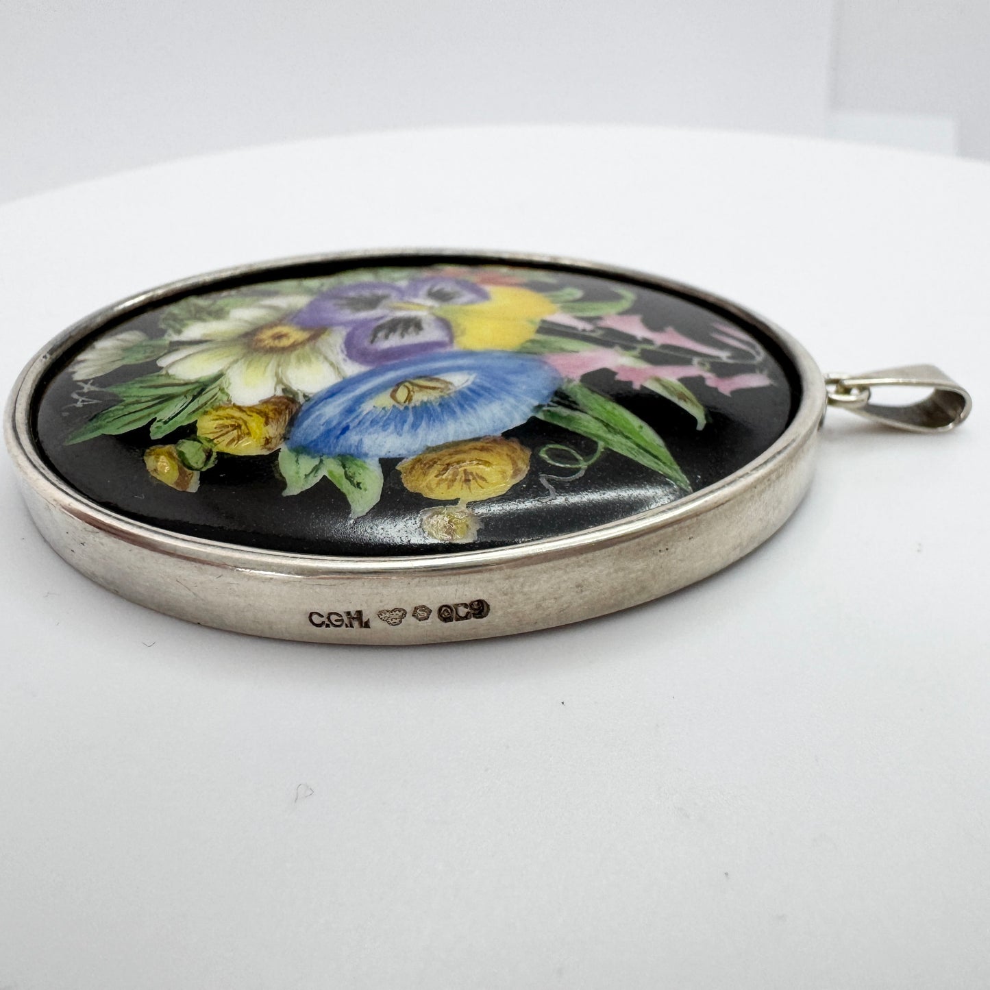 CG Hallberg, Sweden 1953. Vintage Solid Silver Painted Porcelain Floral Pendant.