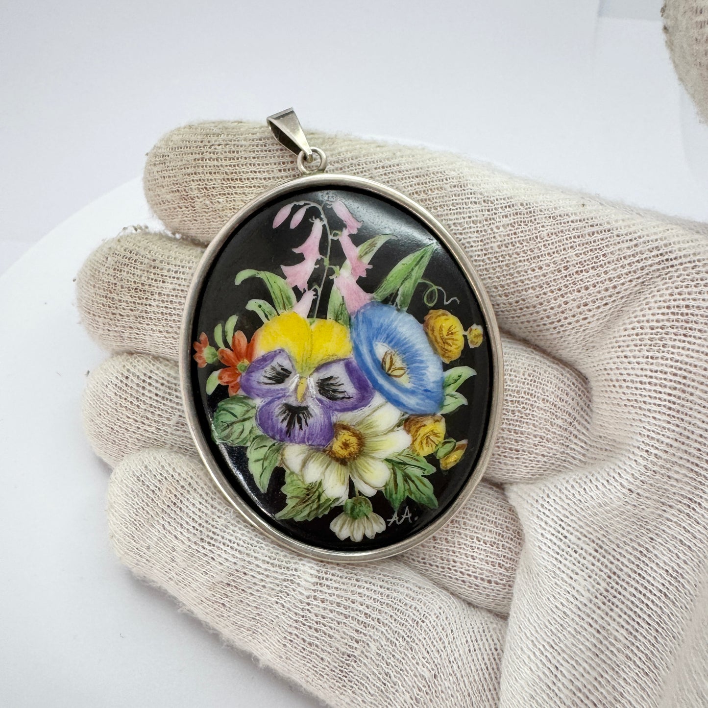 CG Hallberg, Sweden 1953. Vintage Solid Silver Painted Porcelain Floral Pendant.