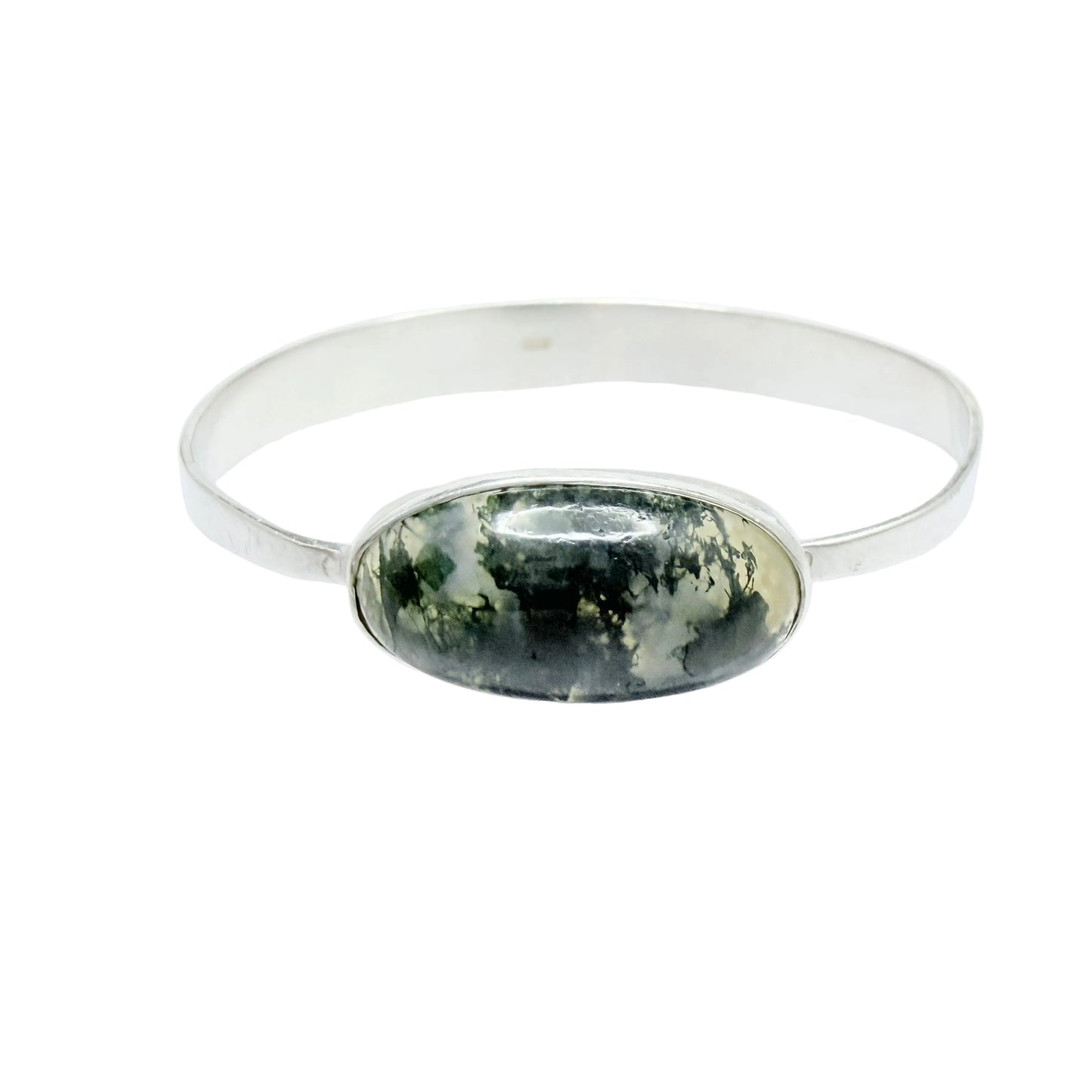 Vintage ca 1960s Solid Silver Moss Agate Bangle Bracelet.