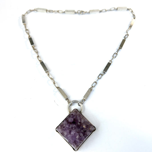 PeGe for ALTON, Sweden 1965. Chunky Vintage Sterling Silver Amethyst Pendant Necklace.