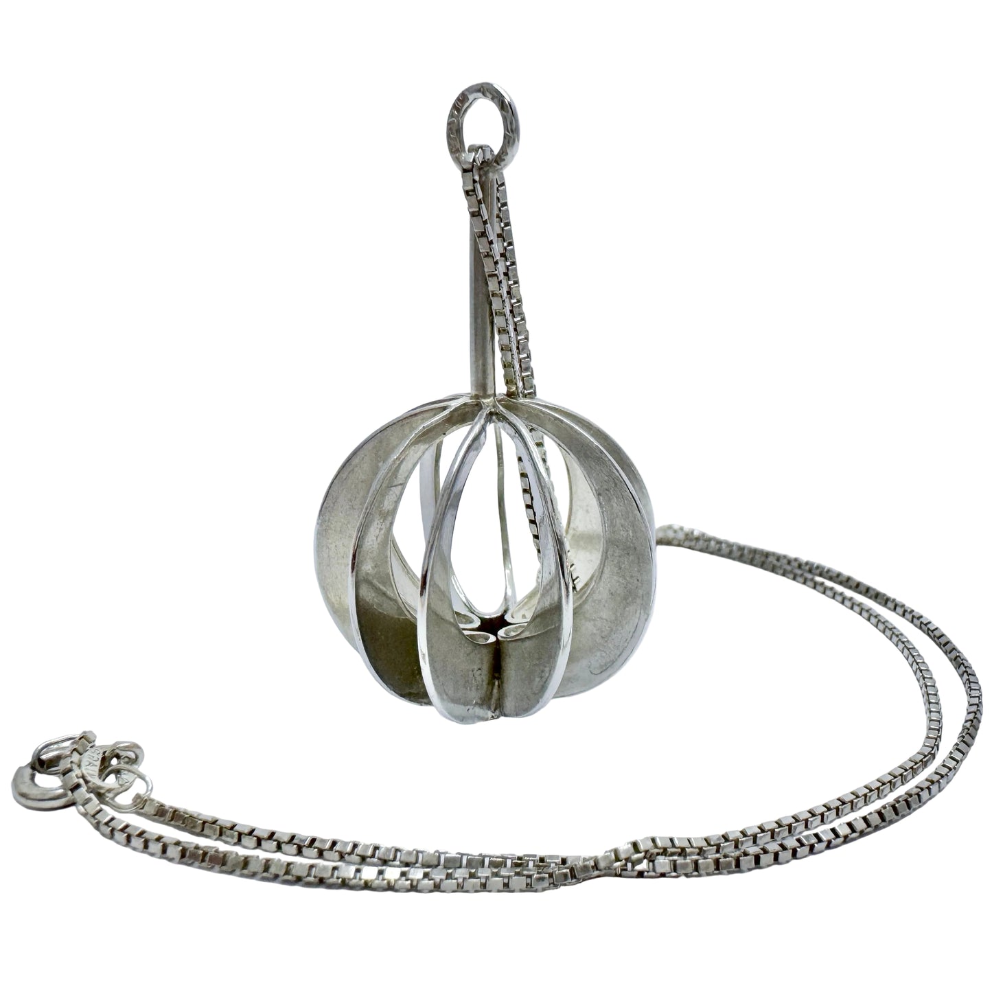 Victor Janson, Sweden 1972. Vintage Sterling Silver Sphere Pendant + Chain.