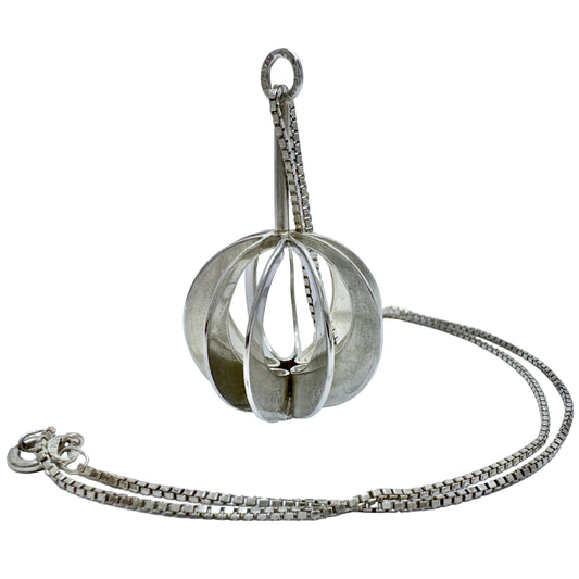 Victor Janson, Sweden 1972. Vintage Sterling Silver Sphere Pendant + Chain.