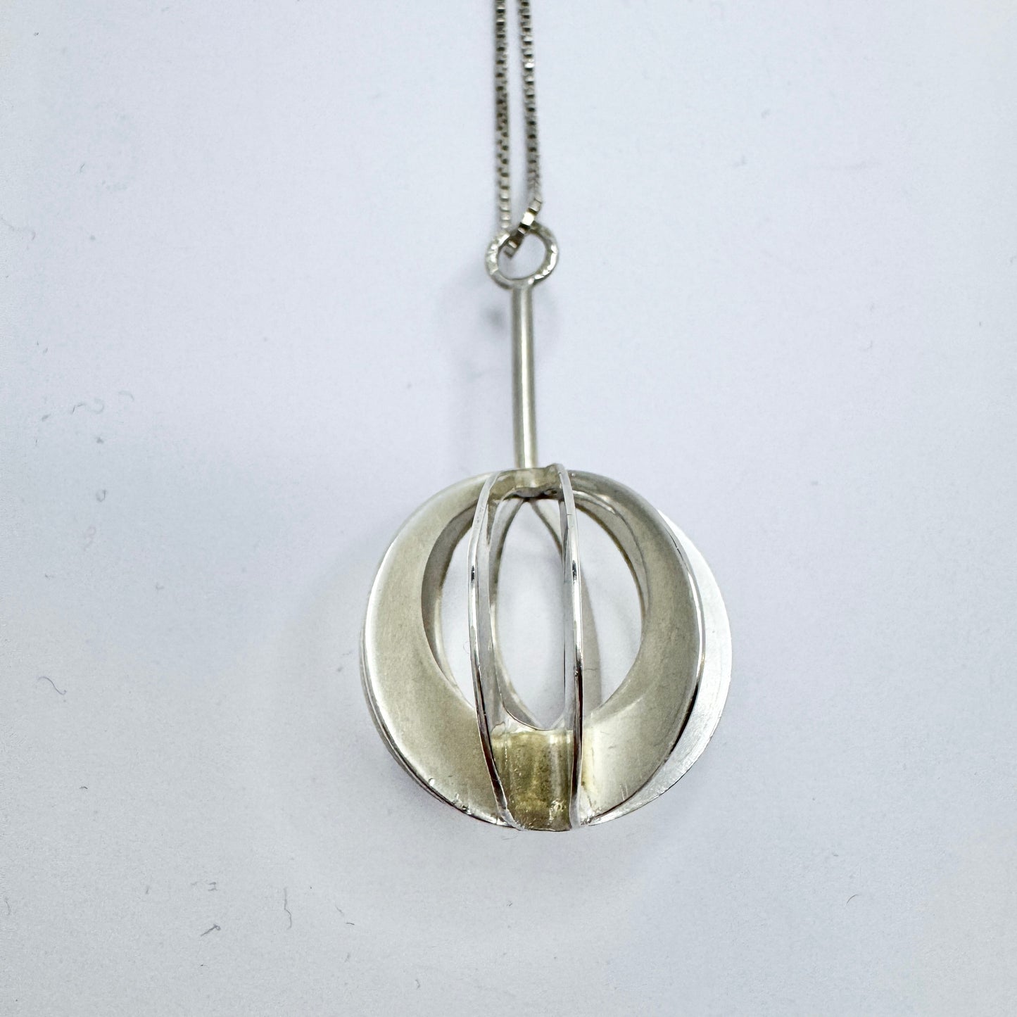 Victor Janson, Sweden 1972. Vintage Sterling Silver Sphere Pendant + Chain.