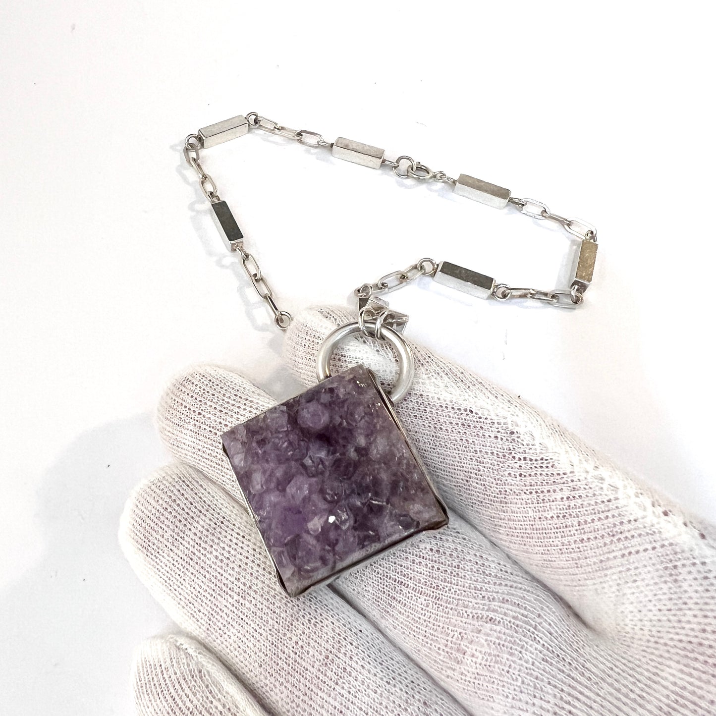 PeGe for ALTON, Sweden 1965. Chunky Vintage Sterling Silver Amethyst Pendant Necklace.