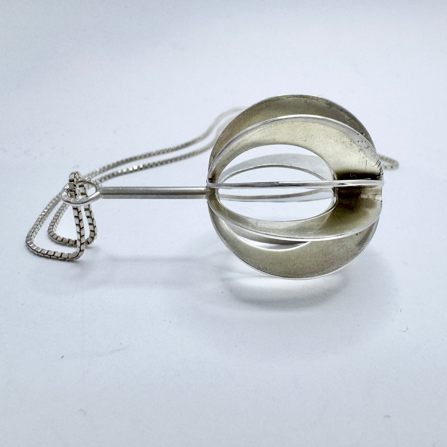 Victor Janson, Sweden 1972. Vintage Sterling Silver Sphere Pendant + Chain.