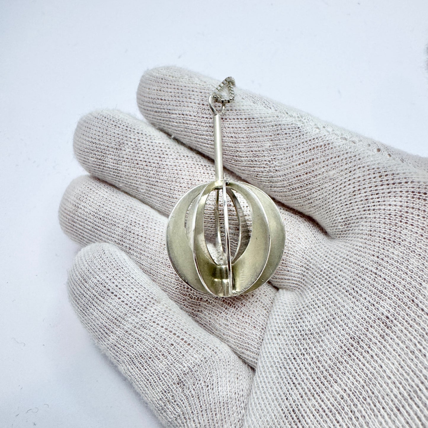 Victor Janson, Sweden 1972. Vintage Sterling Silver Sphere Pendant + Chain.