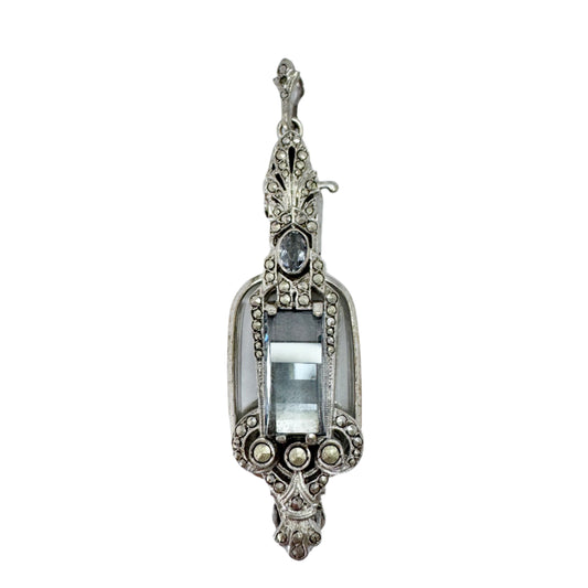 Vintage 1930-40s. Solid Silver Marcasite Synthetic Spinel Lorgnette Pendant.