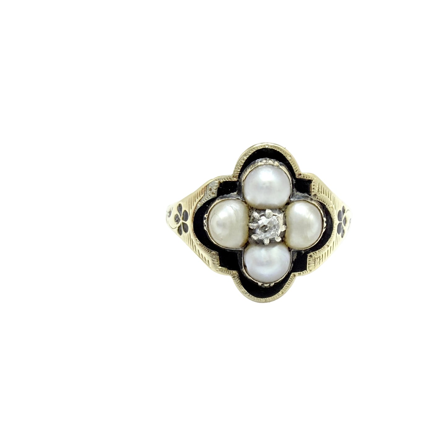 Antique Victorian 18k Gold Diamond Pearl Enamel Mourning Ring.