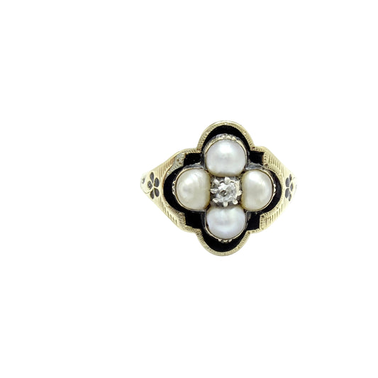 Antique Victorian 18k Gold Diamond Pearl Enamel Mourning Ring.