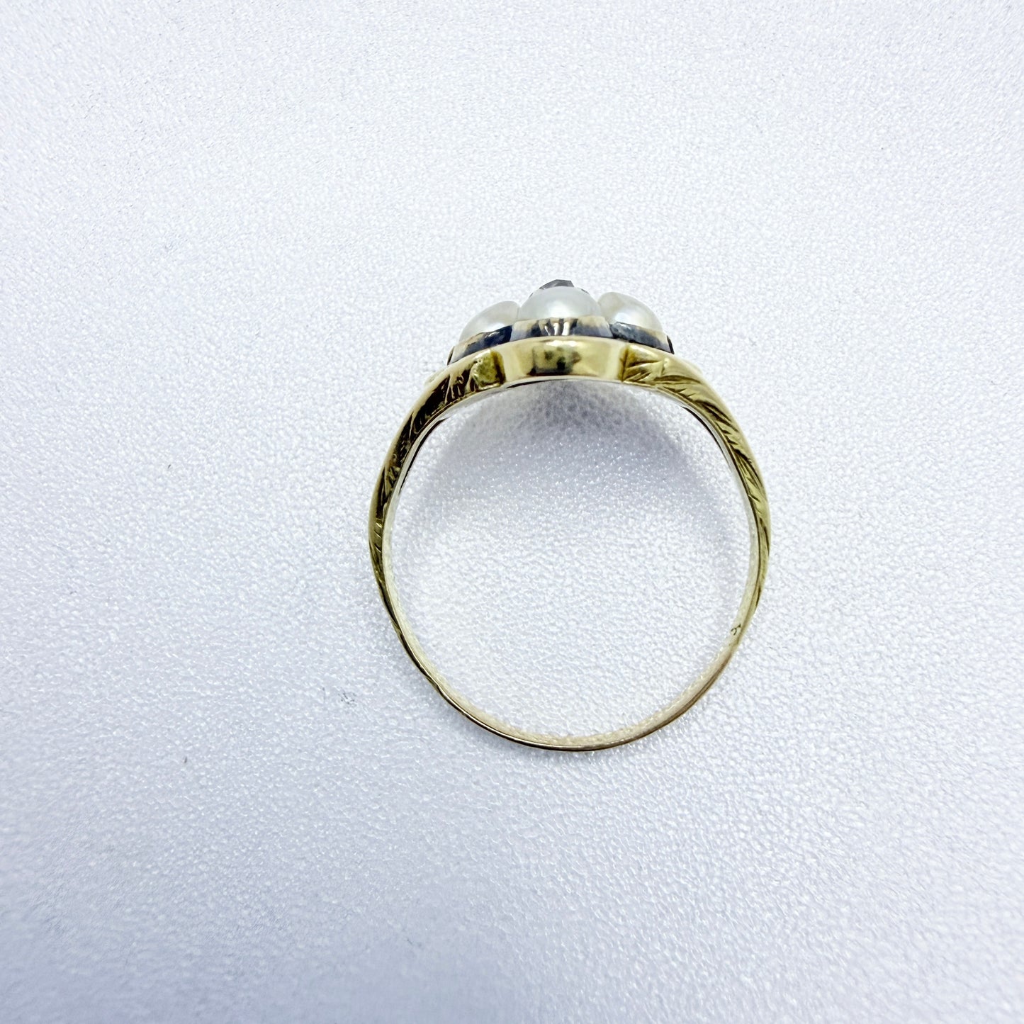 Antique Victorian 18k Gold Diamond Pearl Enamel Mourning Ring.