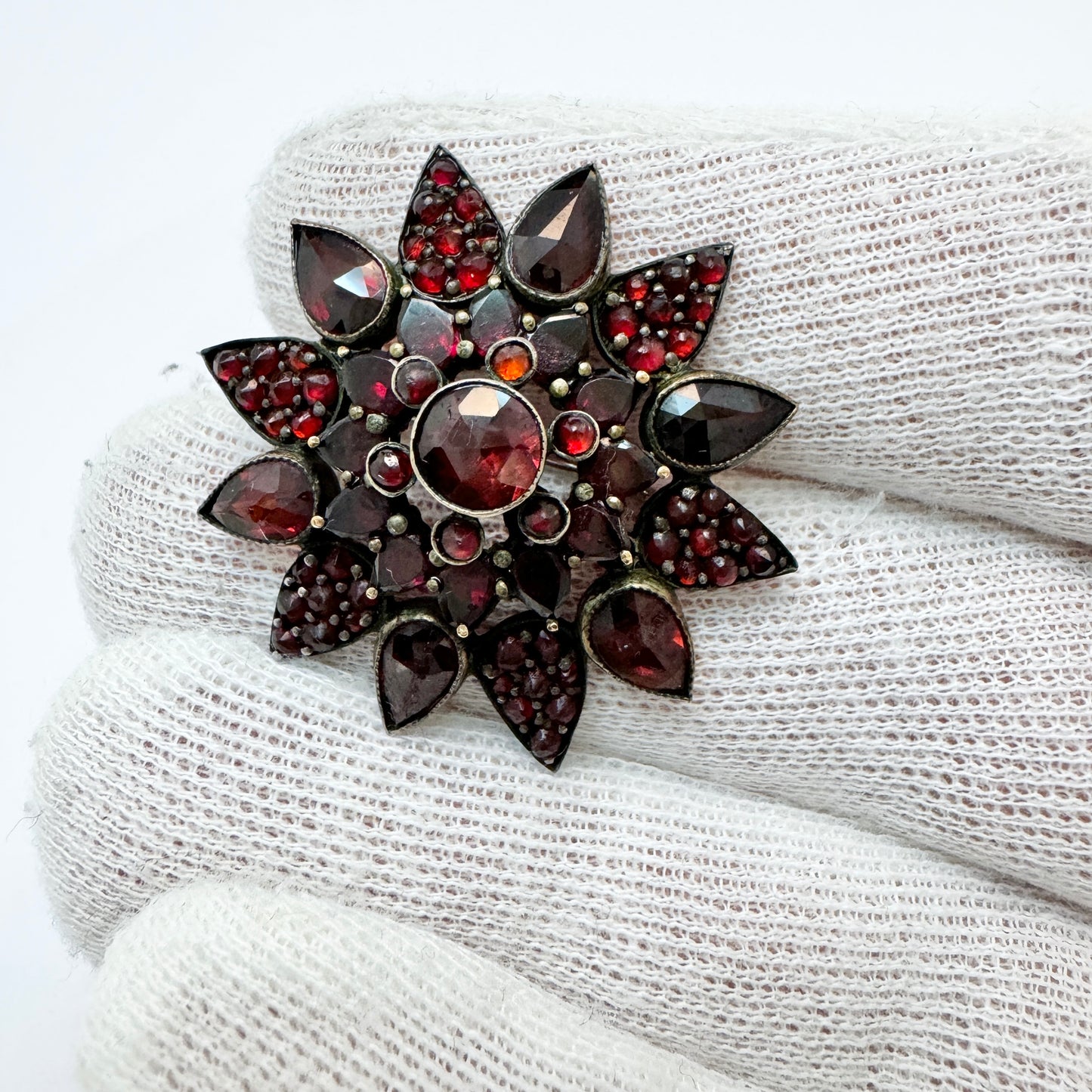 Early 1900s. Vintage Bohemian Garnet Gilt Metal Brooch.