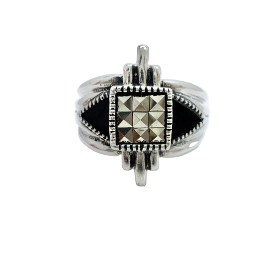 Vintage Art deco-style Sterling Silver Marcasite Onyx Ring.