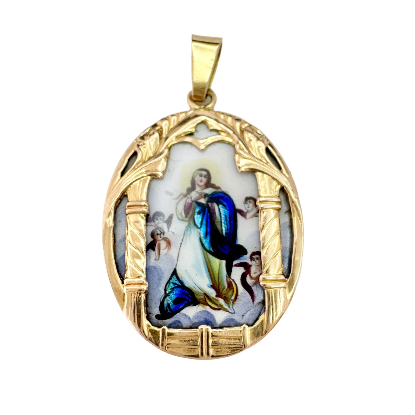 Vintage 14k Gold Painted Virgin Mary Pendant. Likely Italy.