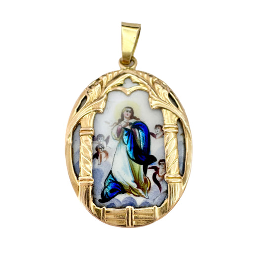 Vintage 14k Gold Painted Virgin Mary Pendant. Likely Italy.