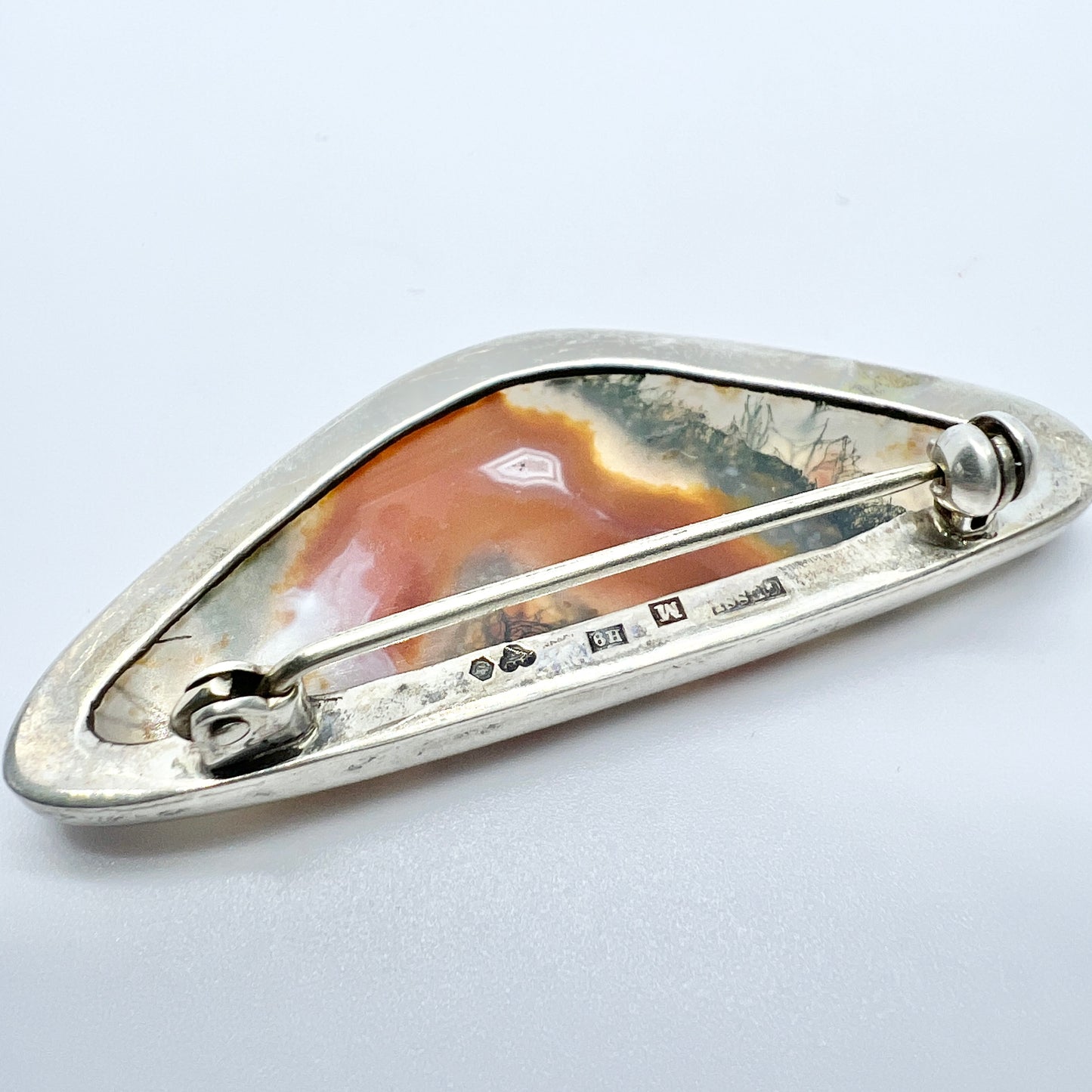 GUSSI, Sweden 1958. Vintage Sterling Silver Moss Agate Brooch.