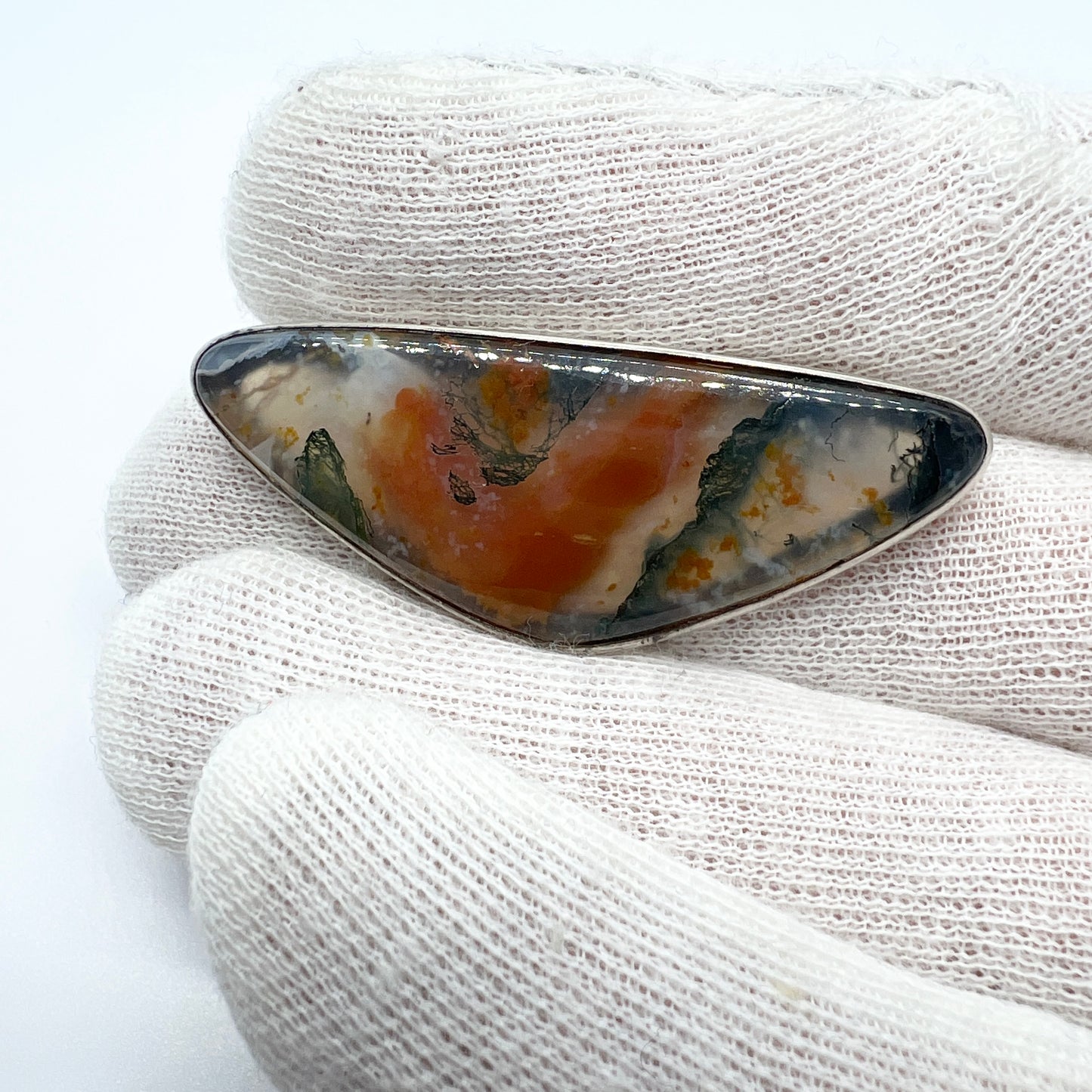 GUSSI, Sweden 1958. Vintage Sterling Silver Moss Agate Brooch.