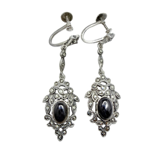 Vintage 1940s. Vintge Sterling 935 Silver Marcasite Onyx Earrings.