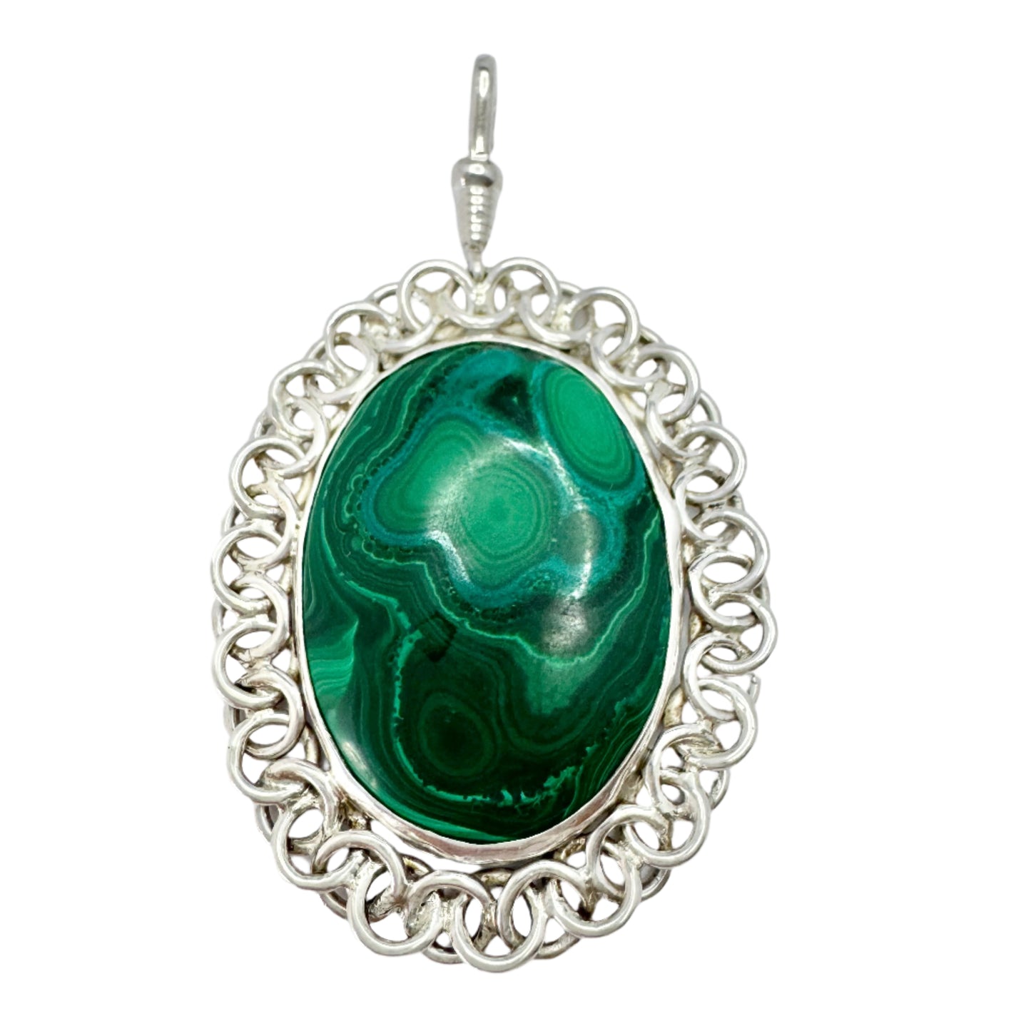 Large Vintage Sterling Silver Malachite Pendant.