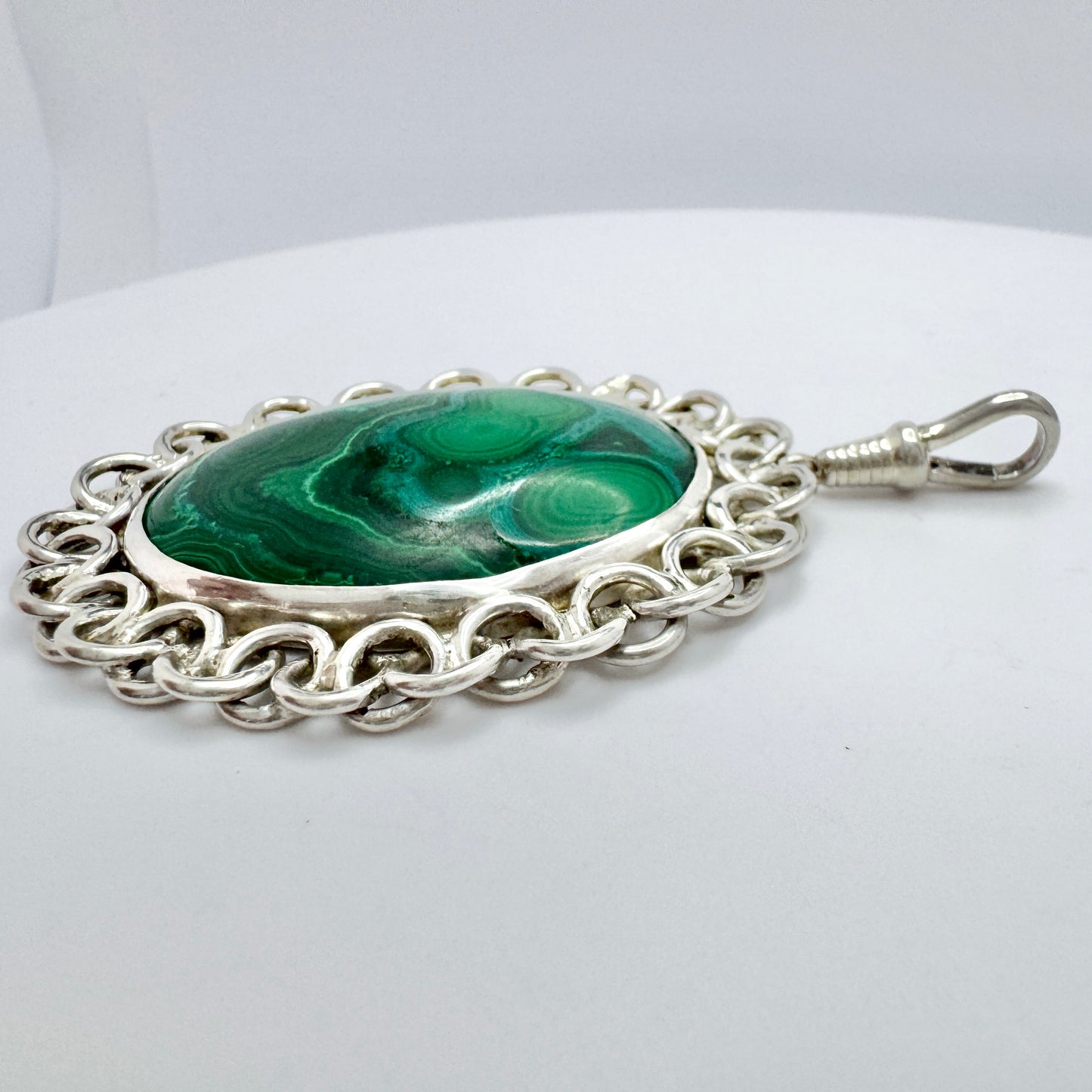 Large Vintage Sterling Silver Malachite Pendant.