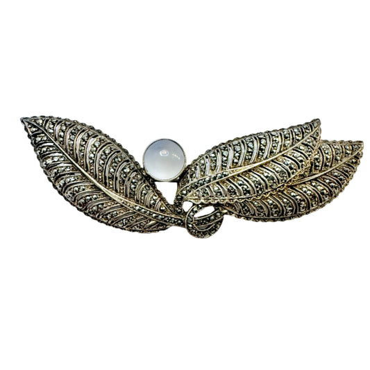 Vintage c 1940s. Solid Silver Marcasite Chalcedony Large Brooch.