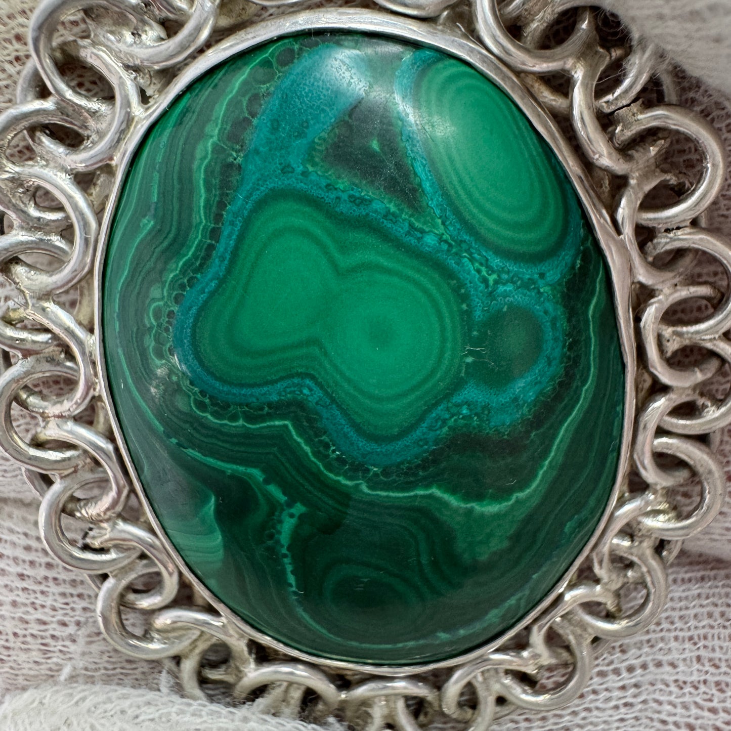 Large Vintage Sterling Silver Malachite Pendant.