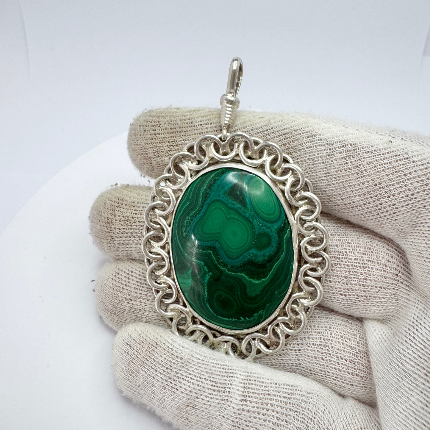 Large Vintage Sterling Silver Malachite Pendant.