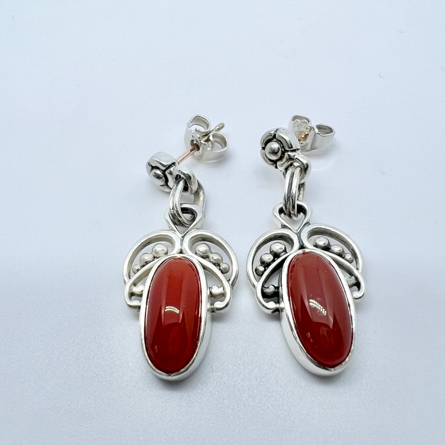 Georg Jensen, Denmark. Sterling Silver Carnelian Earrings. Heritage Collection.