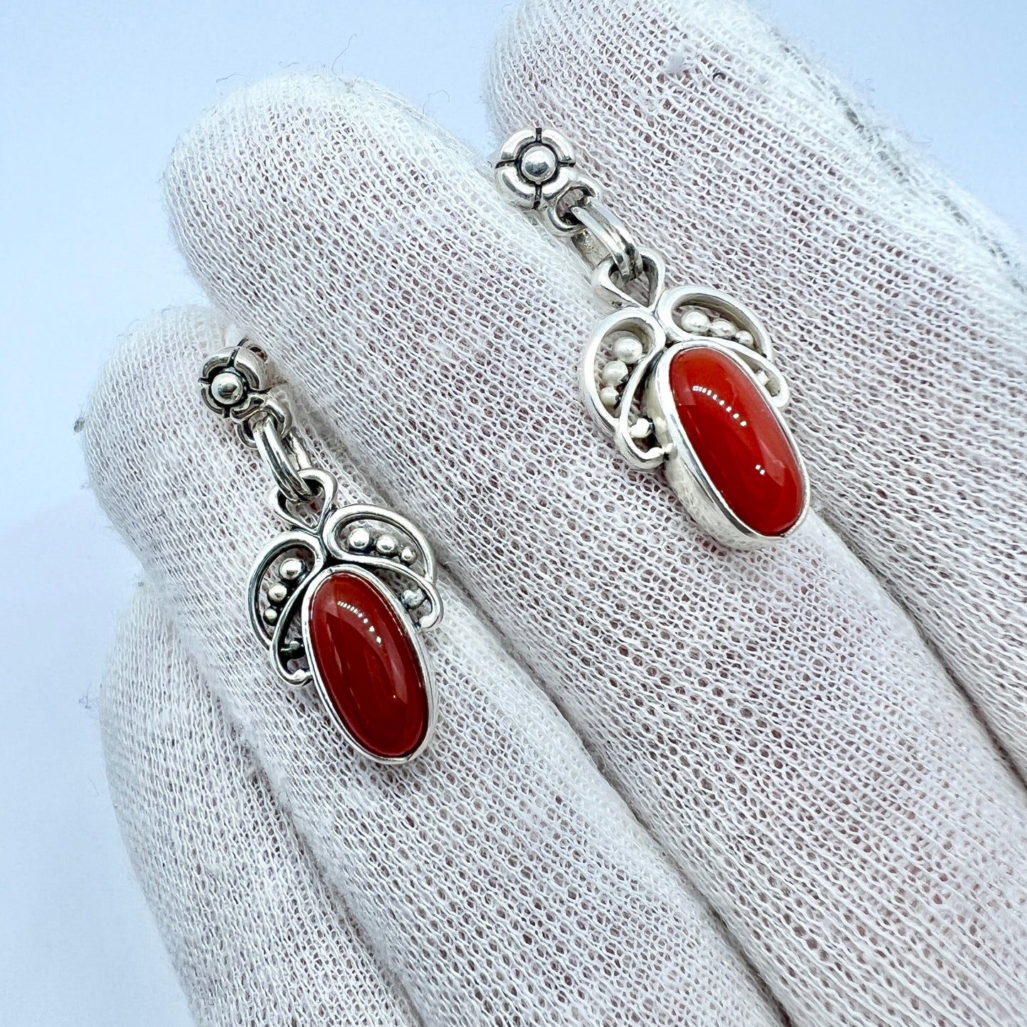 Georg Jensen, Denmark. Sterling Silver Carnelian Earrings. Heritage Collection.