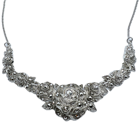 Sweden 1940s. Solid Silver Marcasite Flower Necklace.