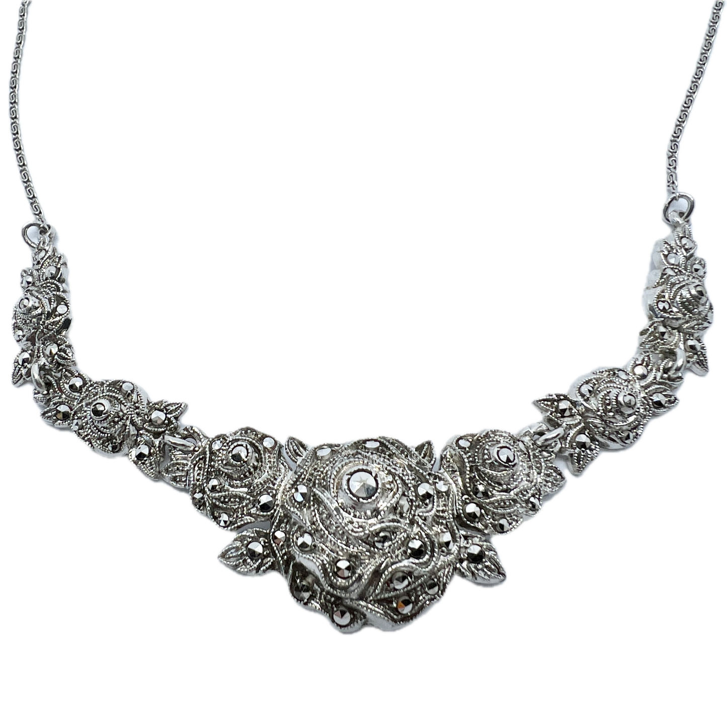 Sweden 1940s. Solid Silver Marcasite Flower Necklace.