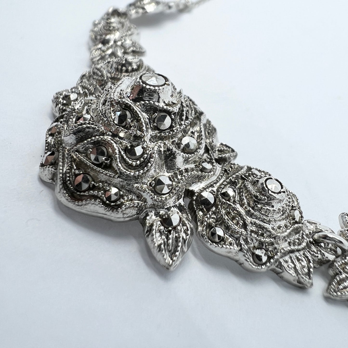 Sweden 1940s. Solid Silver Marcasite Flower Necklace.