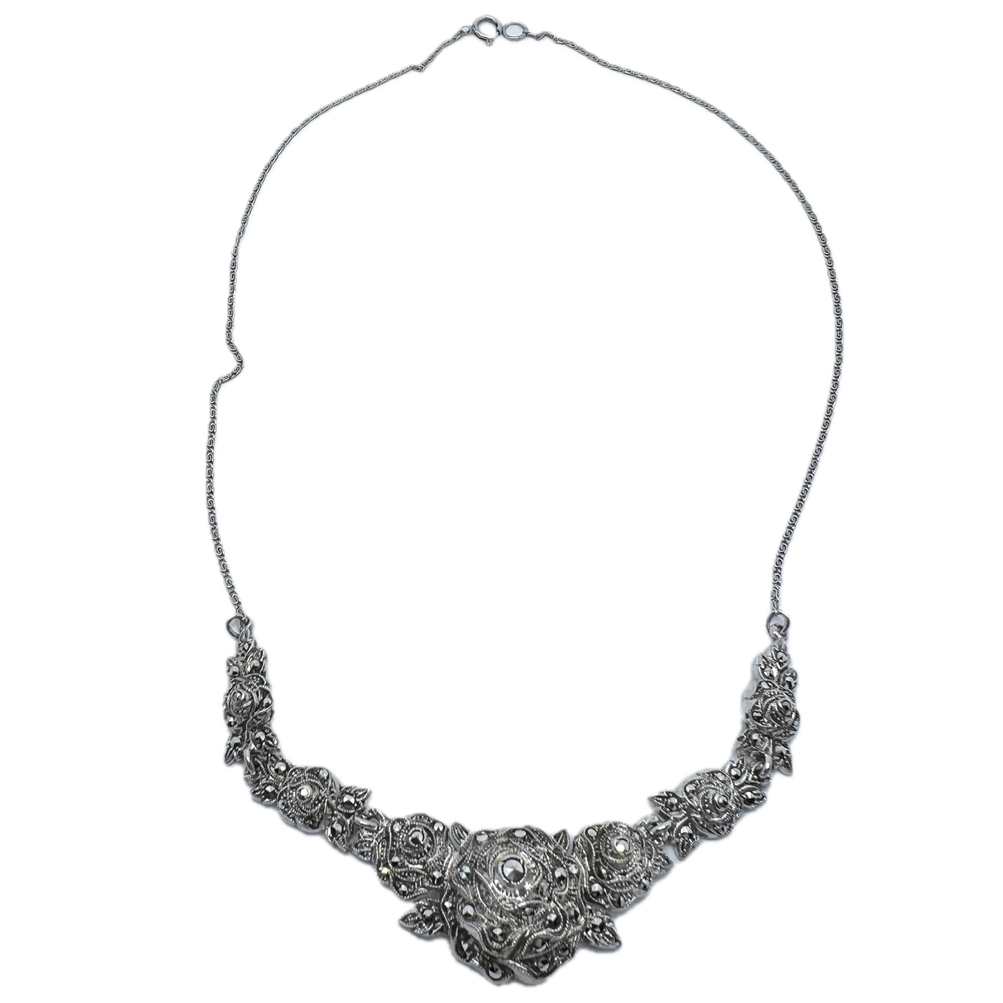 Sweden 1940s. Solid Silver Marcasite Flower Necklace.