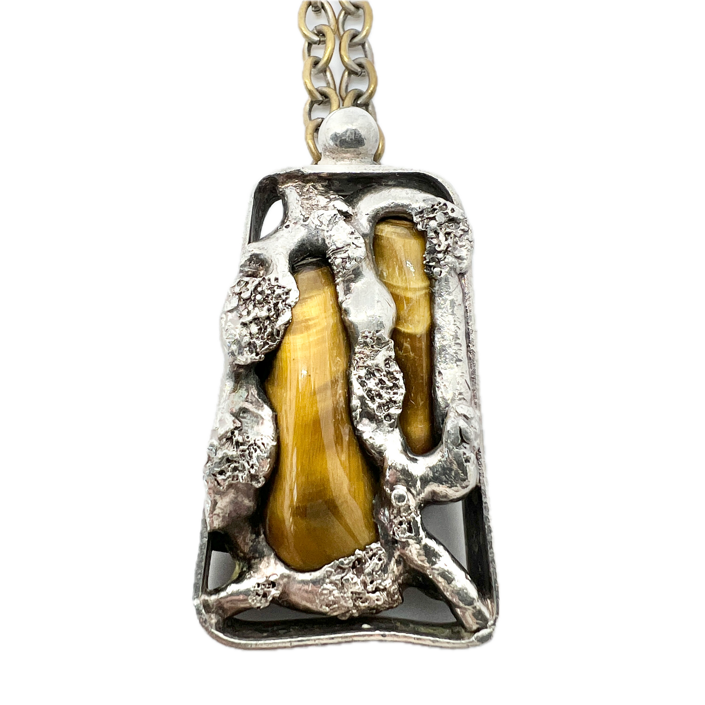 Wiggers, Denmark 1974 Vintage Brutalist Silver-Plate Tiger's Eye Pendant Necklace.